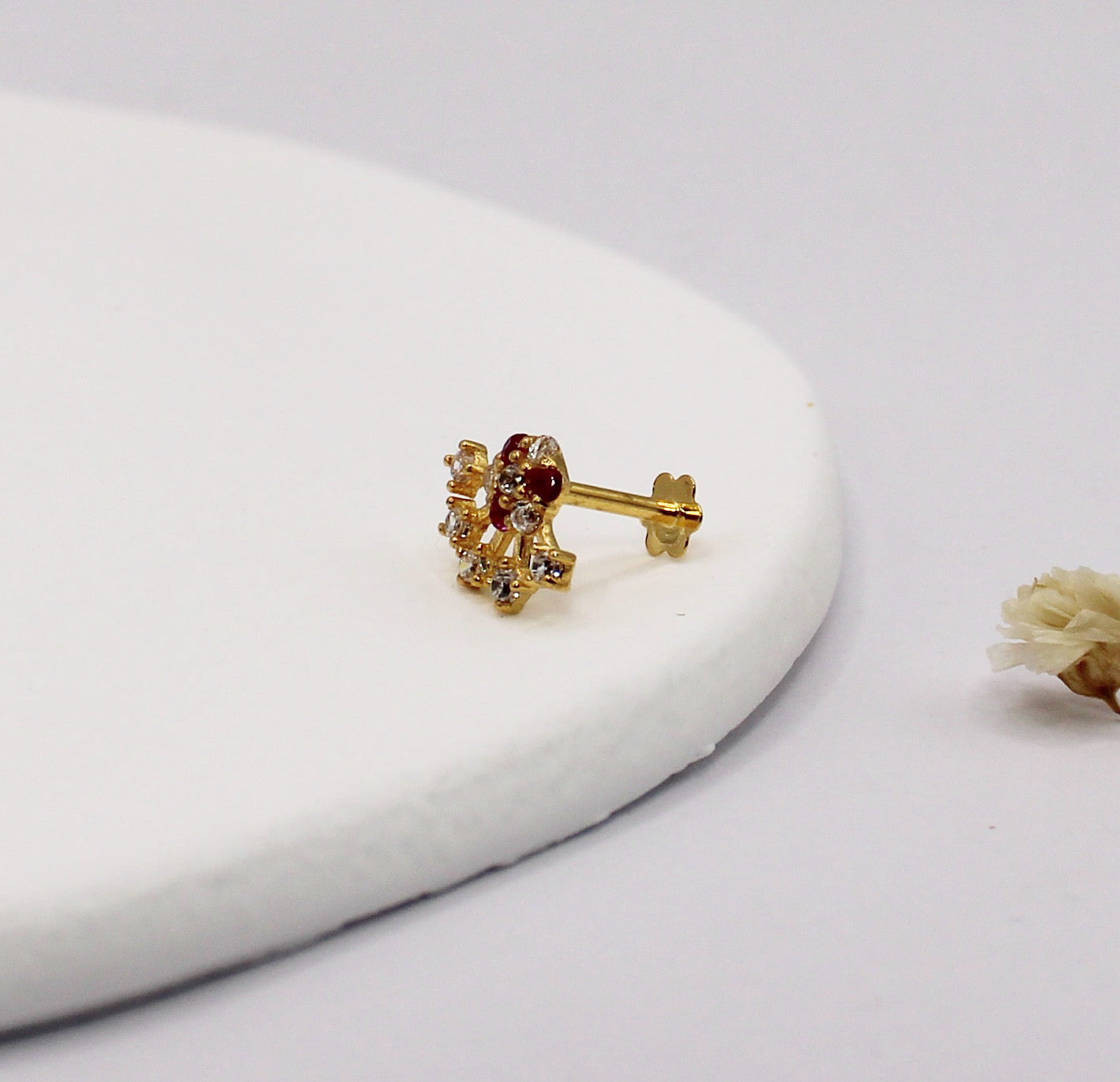 Pink Flower Crescent Stud