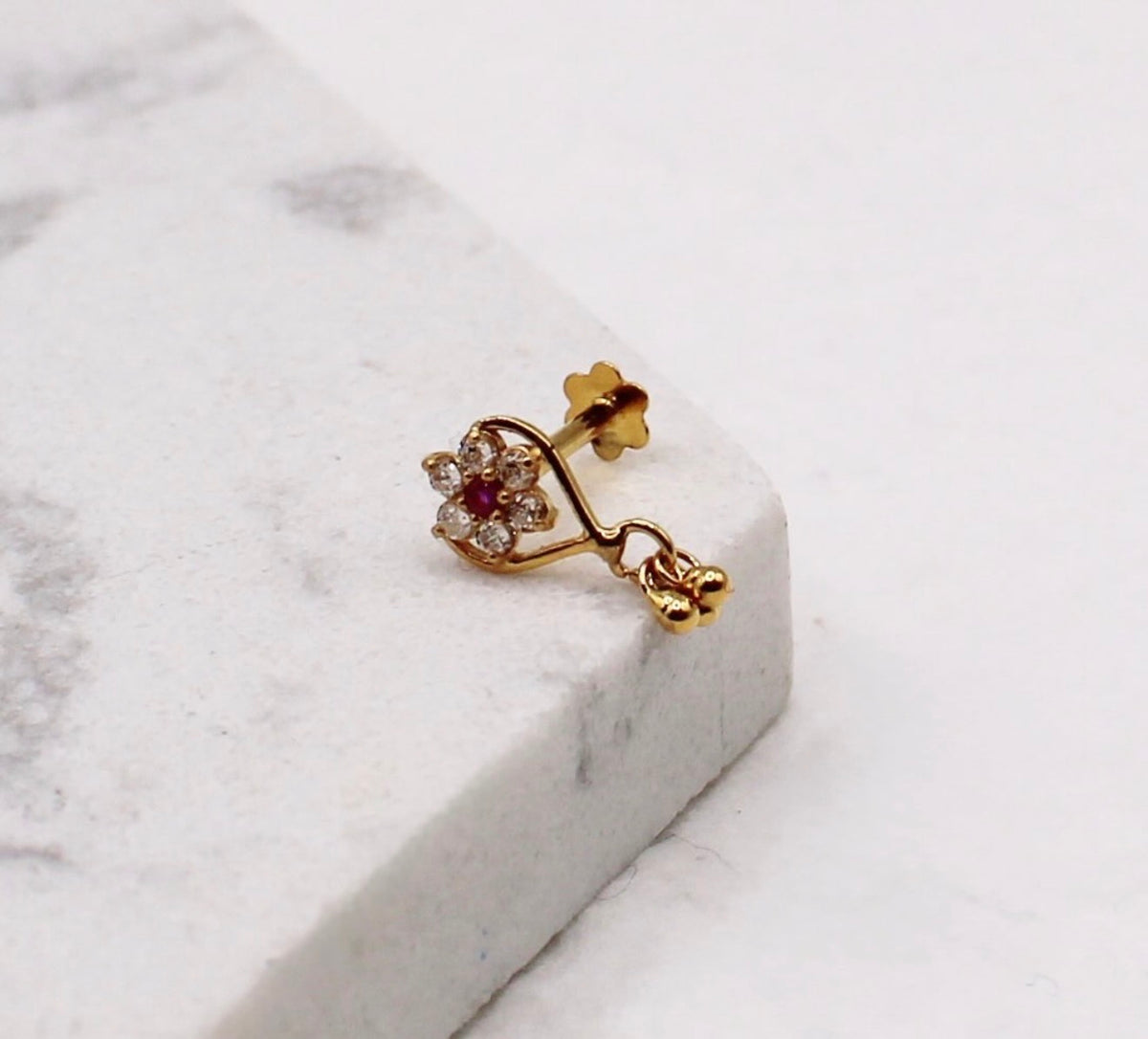 Pink Heart Flower Dangly Stud